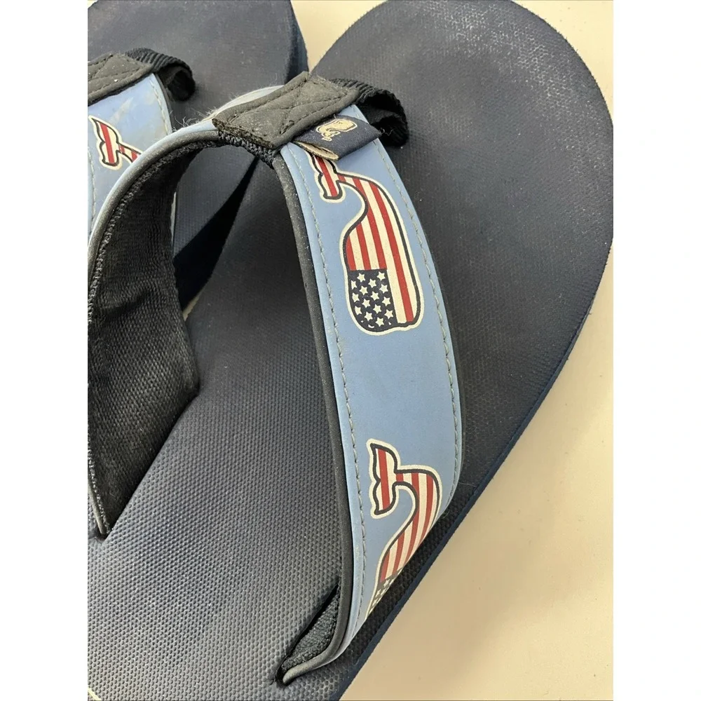 Vineyard Vines Men's Flip Flops Sandals Size 7 Navy Blue USA Flag Whale Logo